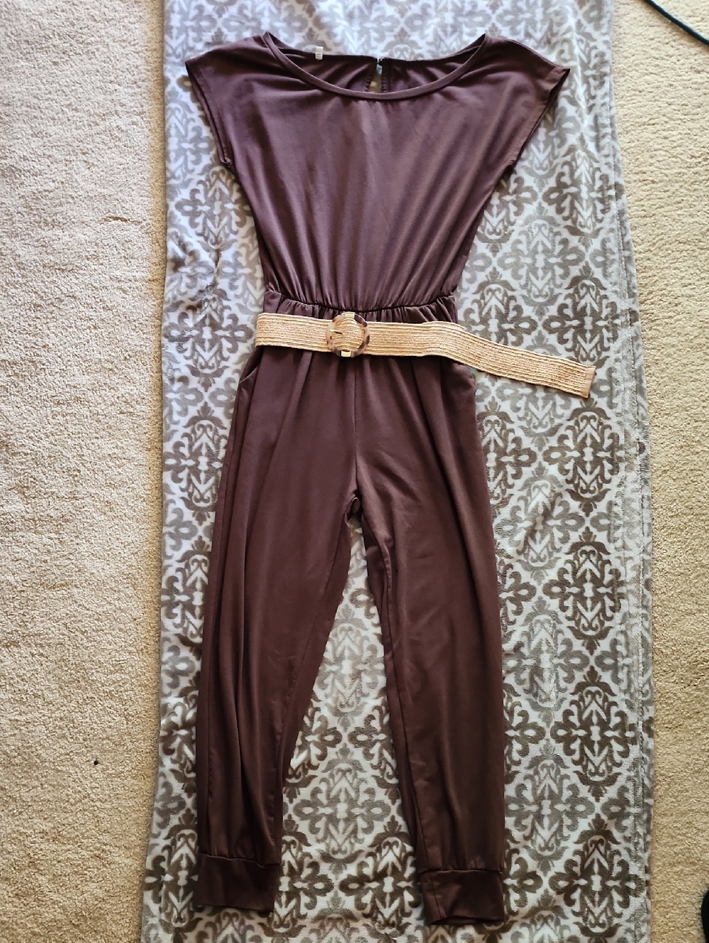 Women's Brown Stretch Jumpsuit with Elastic Waist